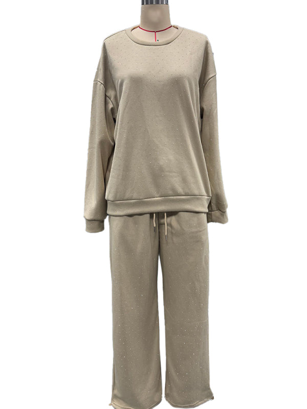 Women's casual round neck long sleeve full body hot diamond drawstring ankle two piece suit