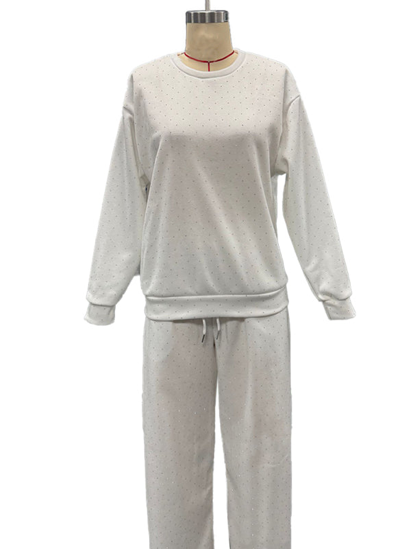 Women's casual round neck long sleeve full body hot diamond drawstring ankle two piece suit