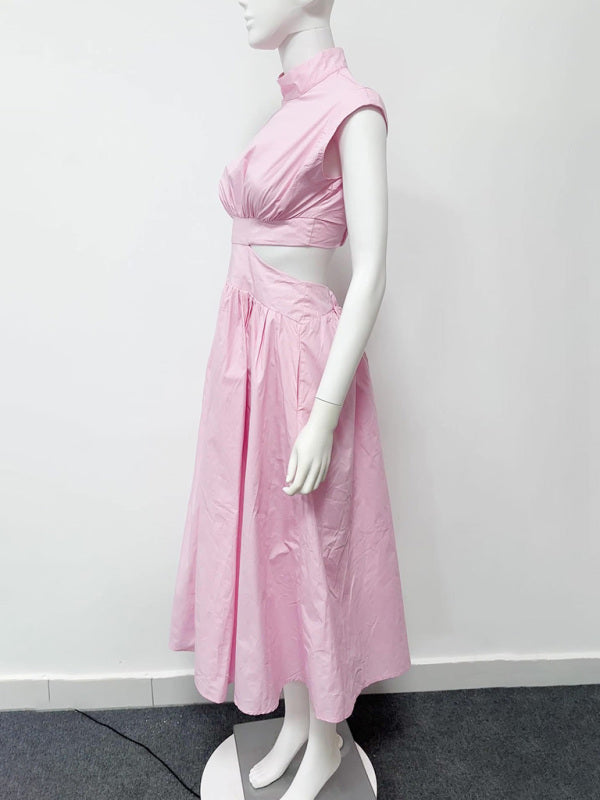 New simple style stand collar sleeveless hollow design solid color women's dress