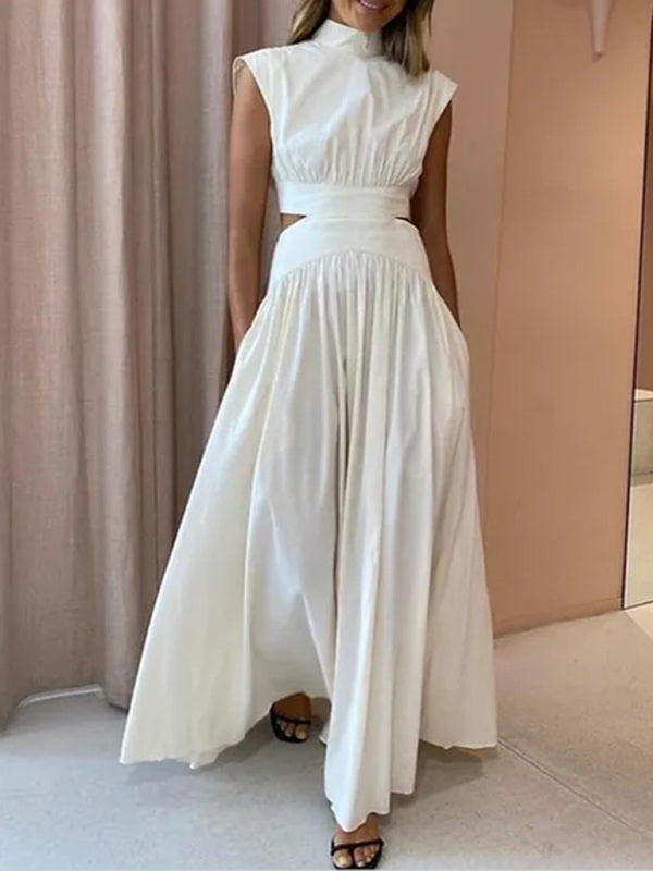 New simple style stand collar sleeveless hollow design solid color women's dress