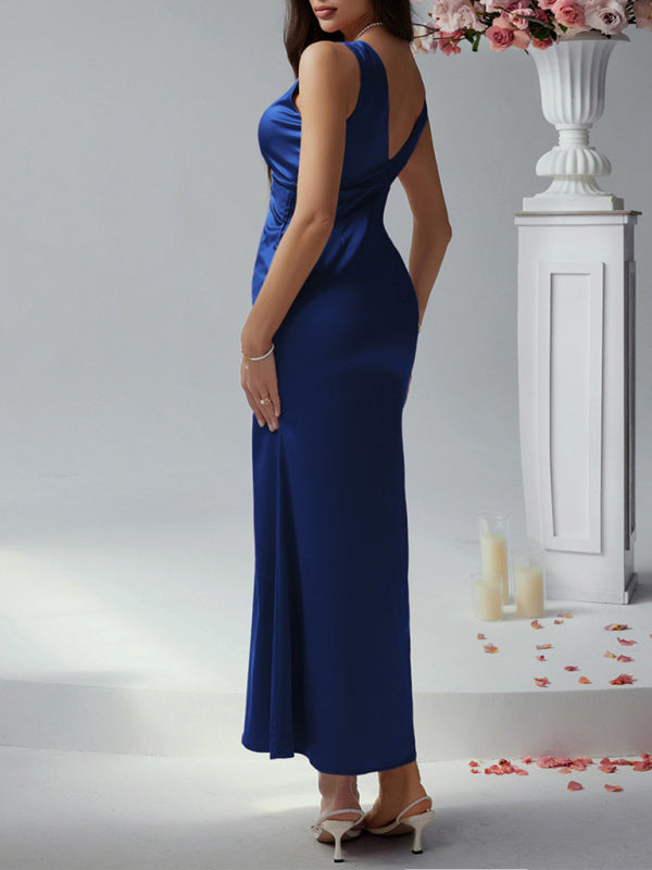 Sexy solid color slim fit deep v backless evening dress long dress