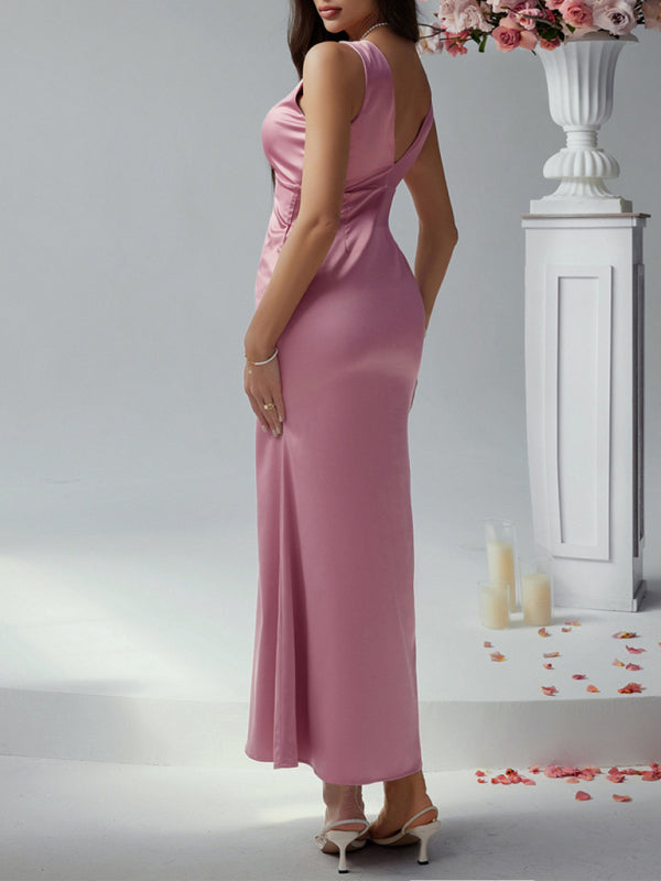 Sexy solid color slim fit deep v backless evening dress long dress