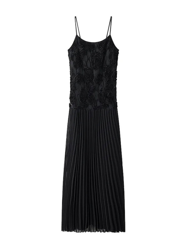 Three-dimensional rose decorated ruffle stitching suspender dress