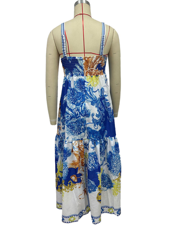 Holiday style maxi dress with printed suspenders