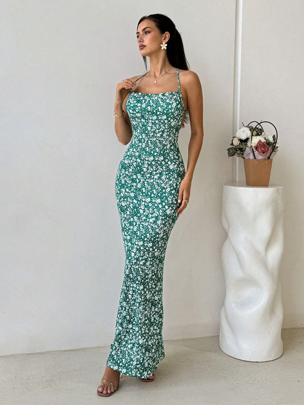 Sexy backless fishtail long dress casual holiday date music festival floral suspender dress