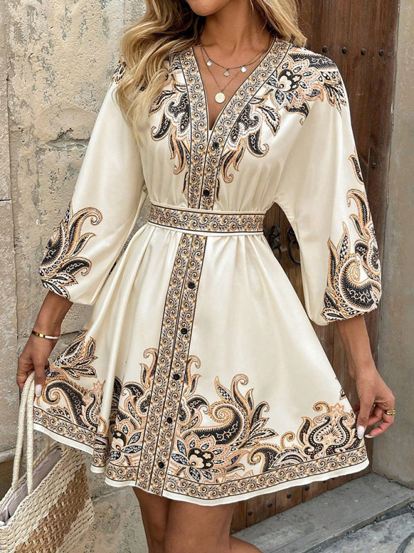 New Printed V-Neck Three-Quarter Sleeve Tie-Waist Dress