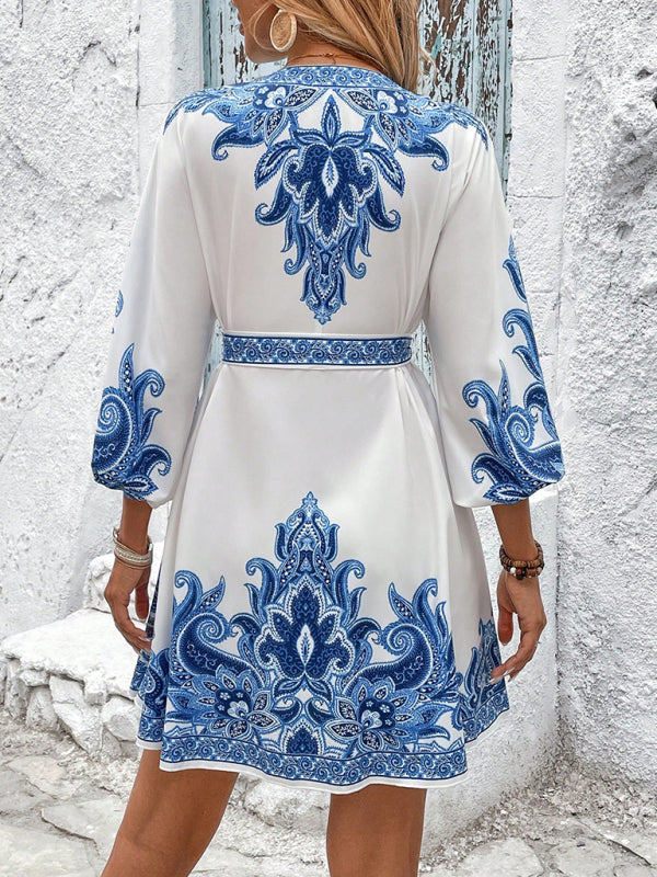 New Printed V-Neck Three-Quarter Sleeve Tie-Waist Dress