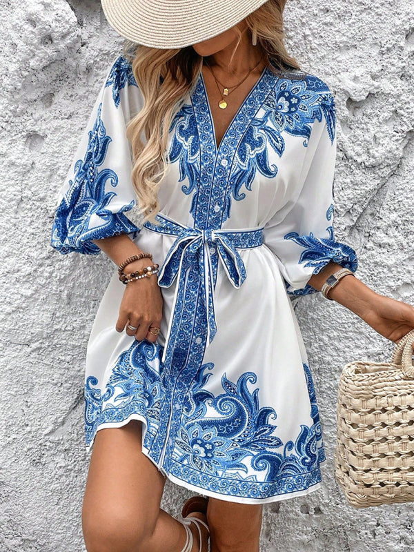 New Printed V-Neck Three-Quarter Sleeve Tie-Waist Dress