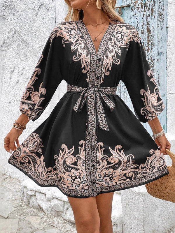 New Printed V-Neck Three-Quarter Sleeve Tie-Waist Dress