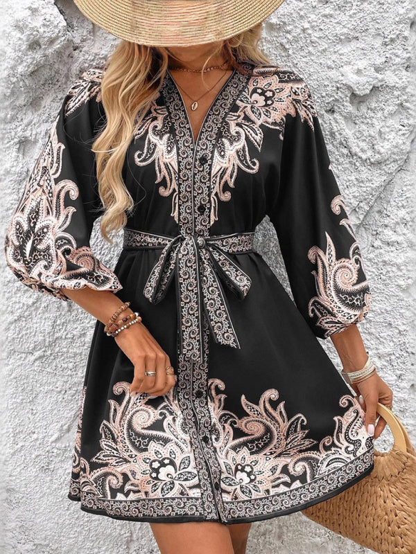 New Printed V-Neck Three-Quarter Sleeve Tie-Waist Dress