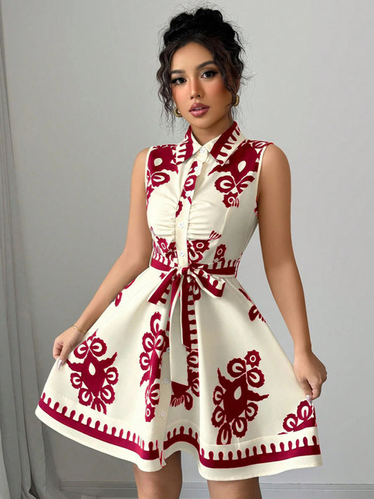 Women's Fashion Printed Waist Tie Sleeveless Dress