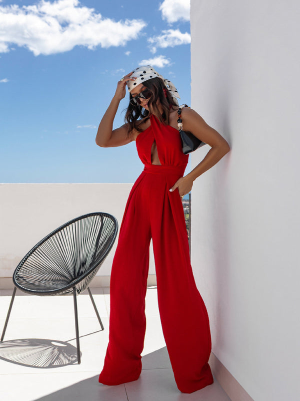 Solid color sleeveless off-shoulder sexy halter neck waist jumpsuit