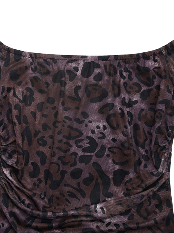 New Party Elegant Retro Style Off-shoulder Long Sleeve Mesh Leopard Print Dress