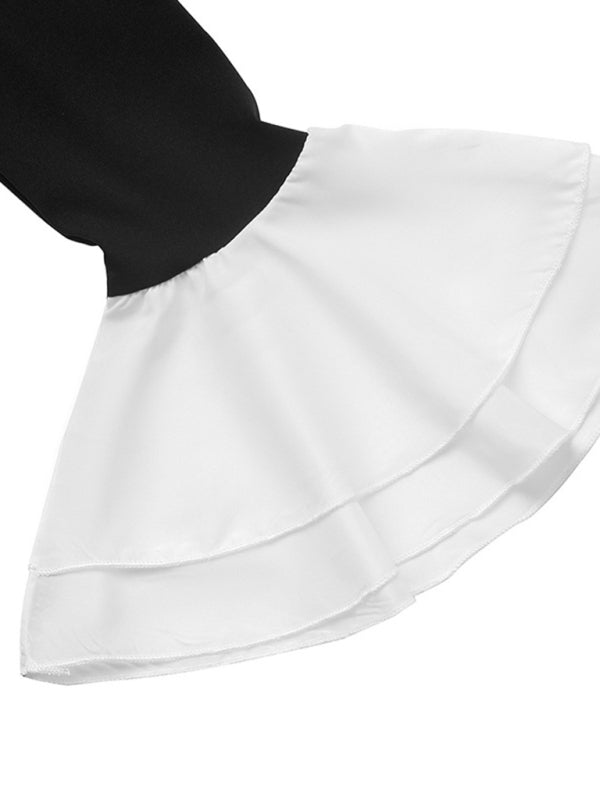 Long-sleeved contrast skirt with ruffled autumn dress