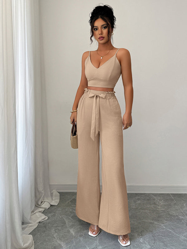 Light beige suspender vest wide-leg pants two-piece suit