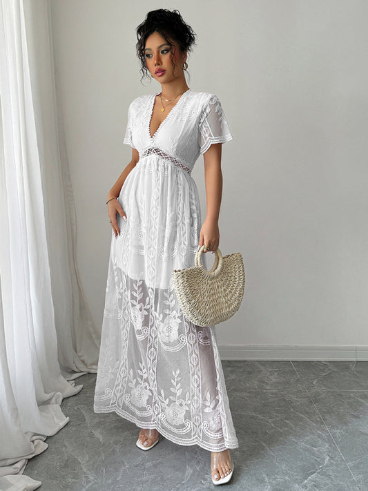 Lace hollow short sleeve dress