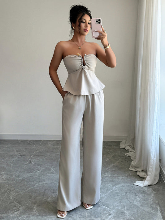 Elegant and simple design tube top straight pants suit