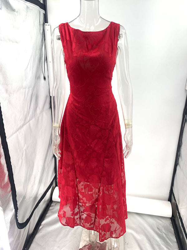 Lace backless slim fit jacquard red irregular dress