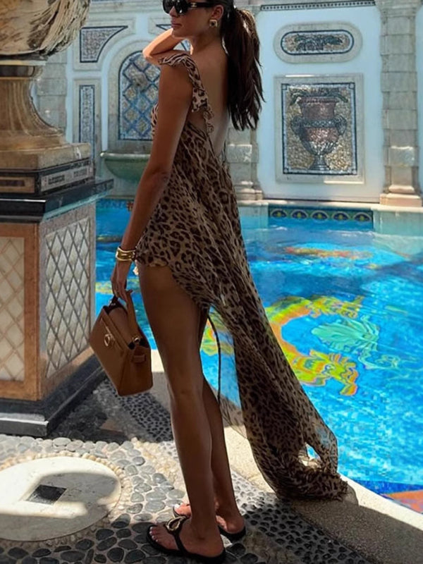 New chiffon printed suspender long skirt holiday loose leopard print two-piece set