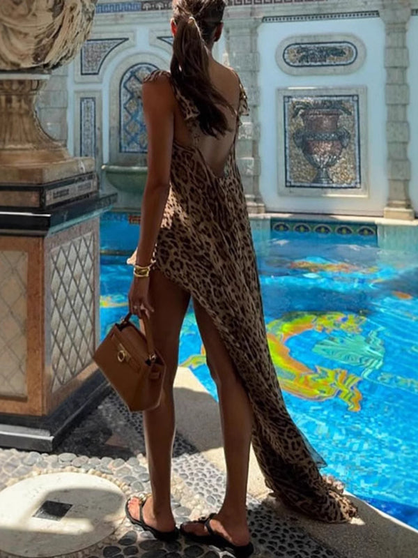 New chiffon printed suspender long skirt holiday loose leopard print two-piece set