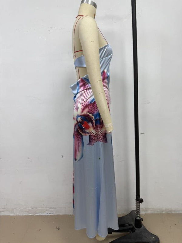 Flower Print Sexy Slightly Stretch Tube Top Long Dress