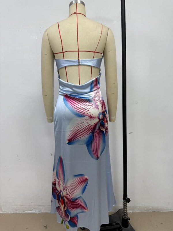 Flower Print Sexy Slightly Stretch Tube Top Long Dress