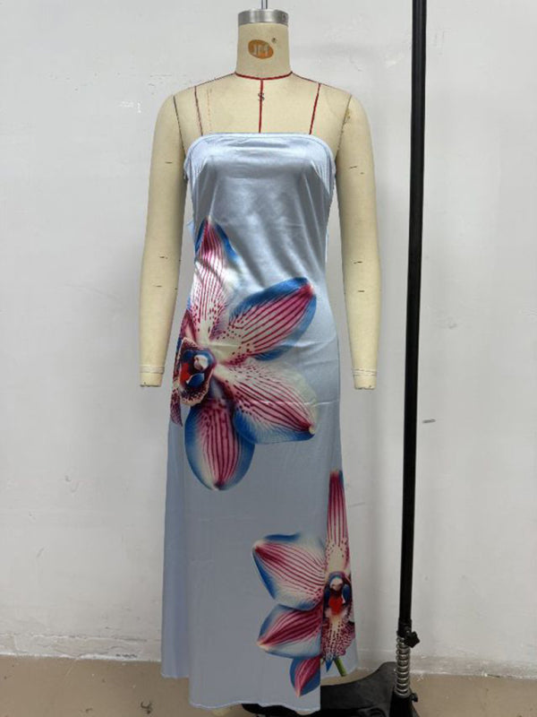 Flower Print Sexy Slightly Stretch Tube Top Long Dress