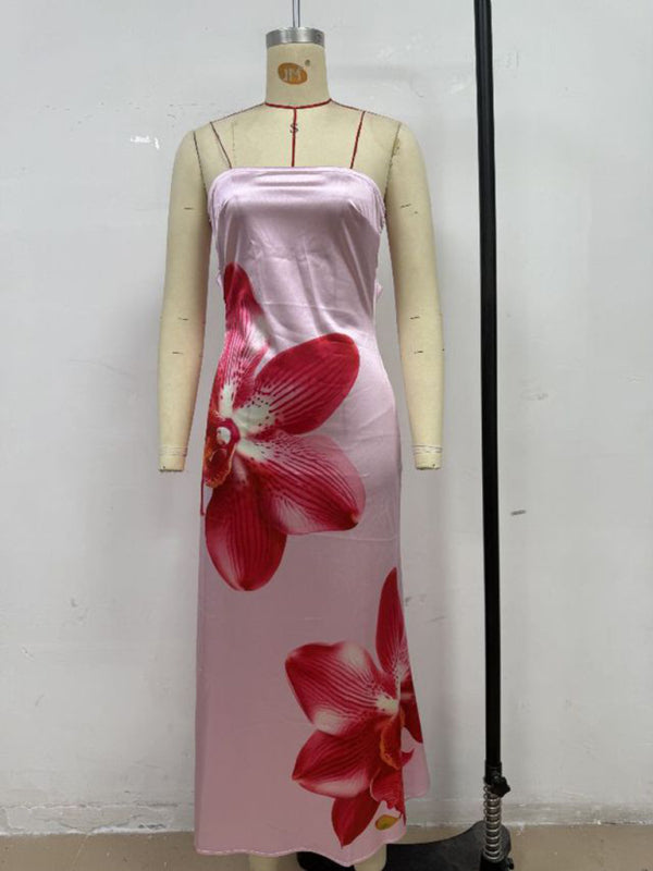 Flower Print Sexy Slightly Stretch Tube Top Long Dress