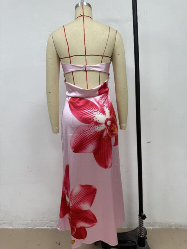 Flower Print Sexy Slightly Stretch Tube Top Long Dress