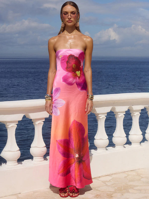 Flower Print Sexy Slightly Stretch Tube Top Long Dress