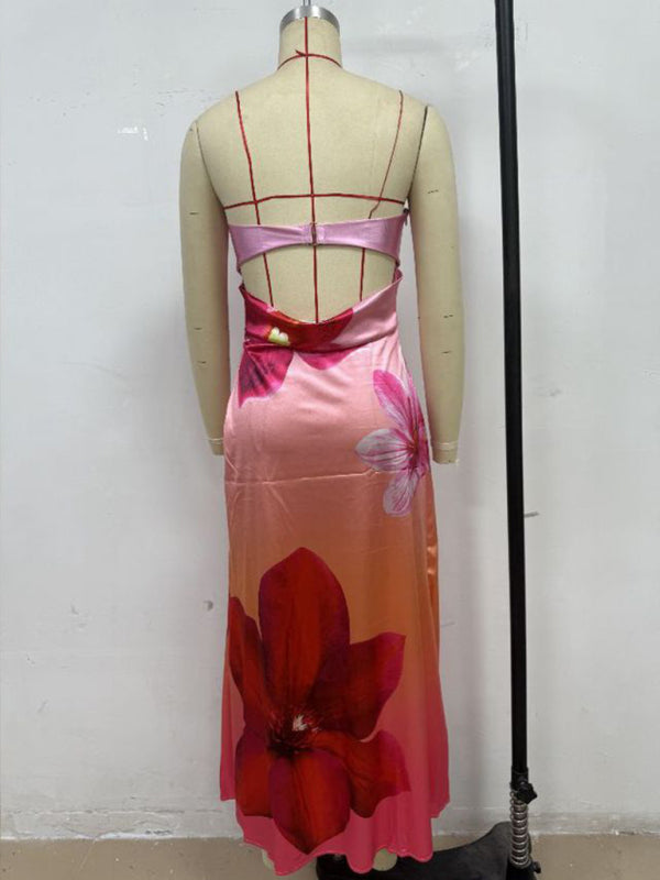 Flower Print Sexy Slightly Stretch Tube Top Long Dress