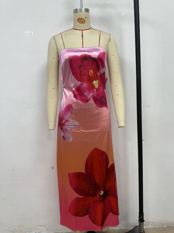 Flower Print Sexy Slightly Stretch Tube Top Long Dress