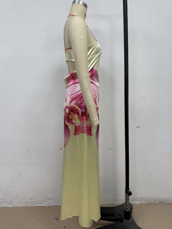 Flower Print Sexy Slightly Stretch Tube Top Long Dress