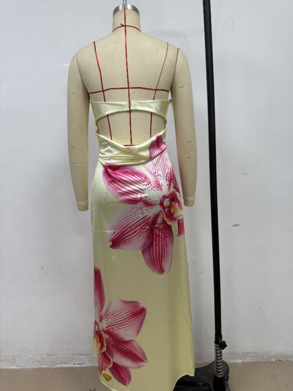 Flower Print Sexy Slightly Stretch Tube Top Long Dress