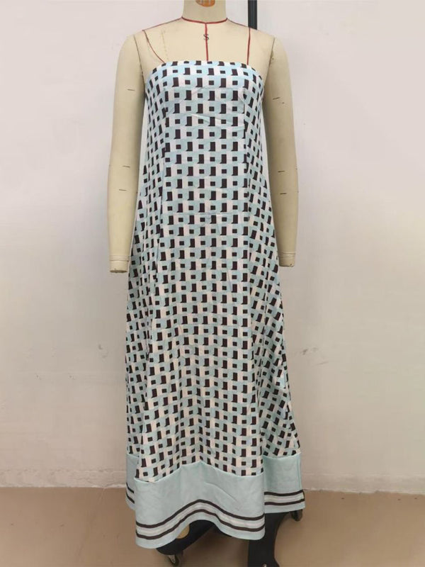 Sexy strapless off-shoulder brown checkered print dress