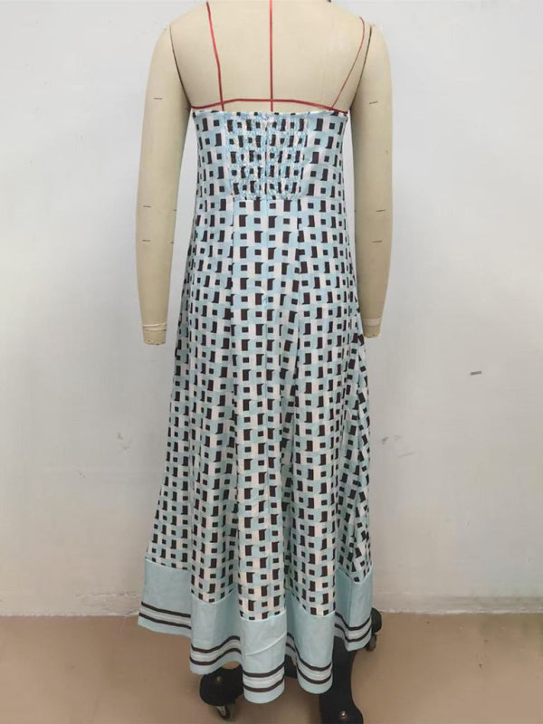 Sexy strapless off-shoulder brown checkered print dress