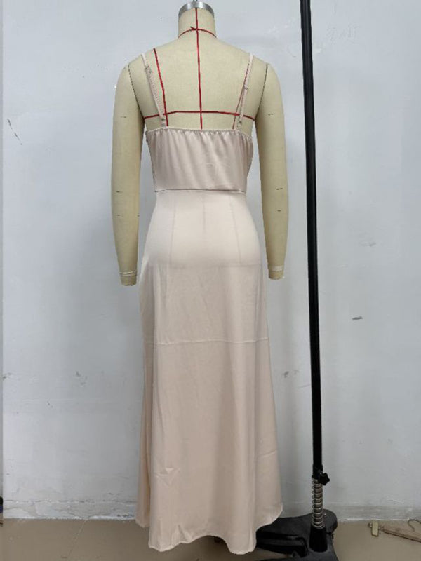 Women's solid color satin satin suspender sexy dress