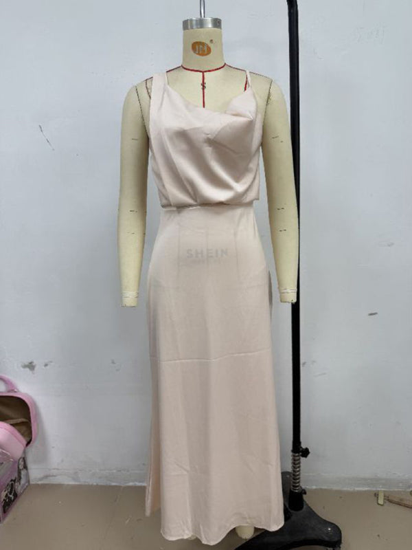 Women's solid color satin satin suspender sexy dress