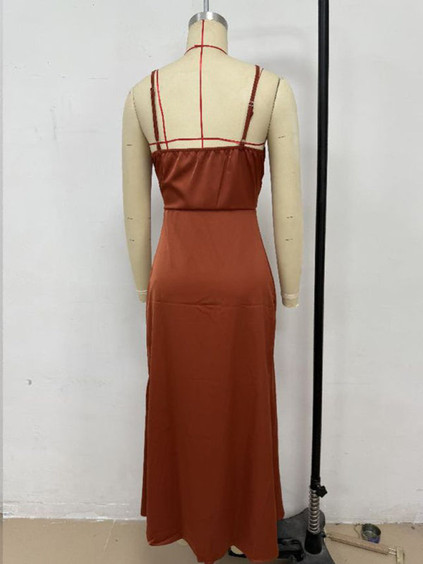 Women's solid color satin satin suspender sexy dress