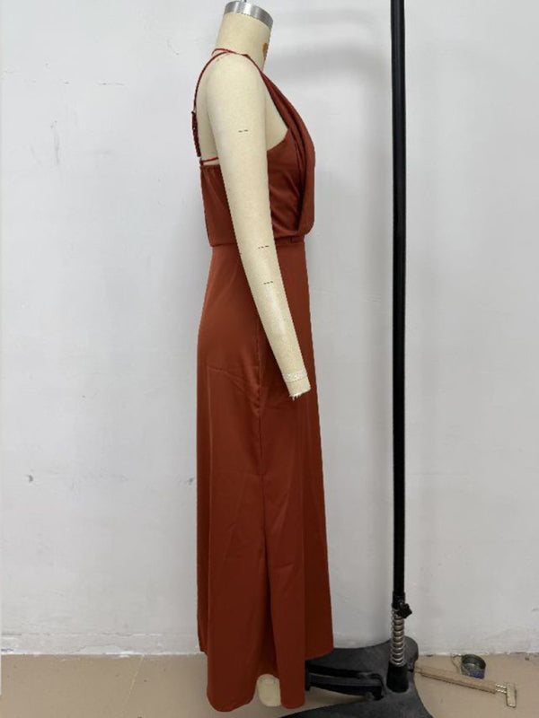 Women's solid color satin satin suspender sexy dress