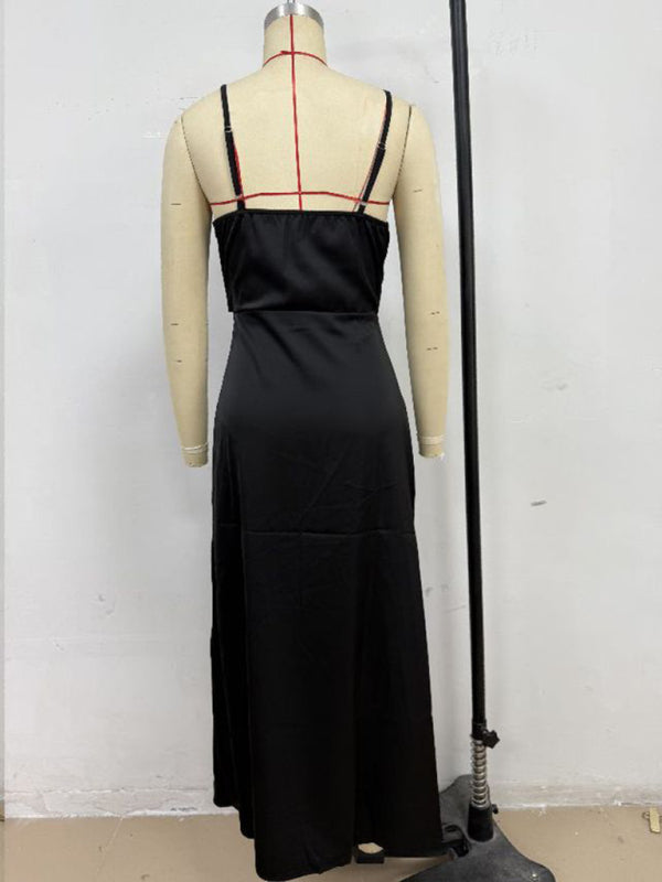 Women's solid color satin satin suspender sexy dress