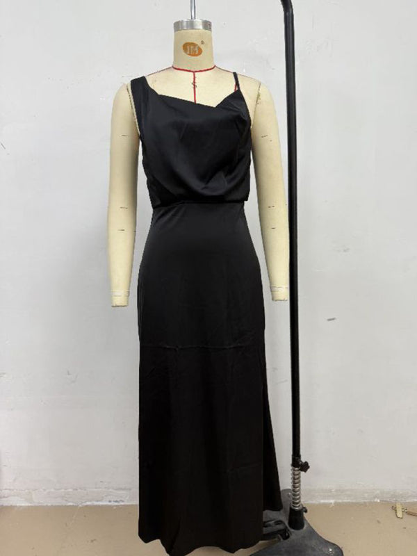 Women's solid color satin satin suspender sexy dress