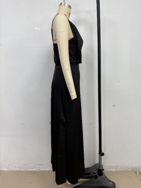 Women's solid color satin satin suspender sexy dress