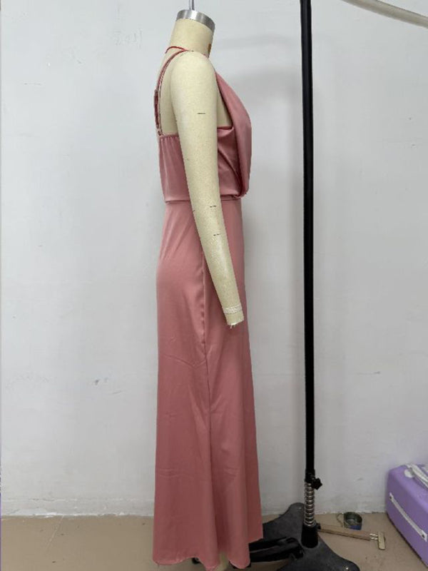 Women's solid color satin satin suspender sexy dress