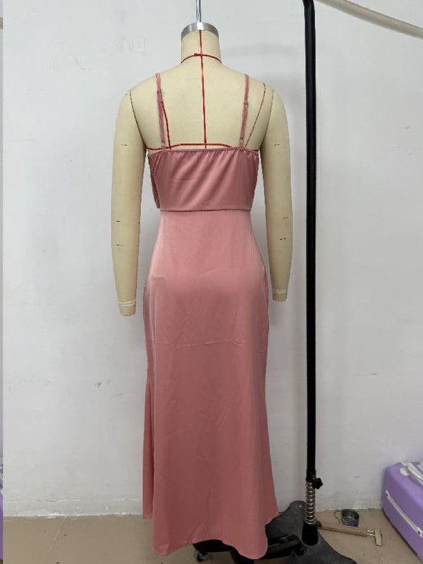 Women's solid color satin satin suspender sexy dress