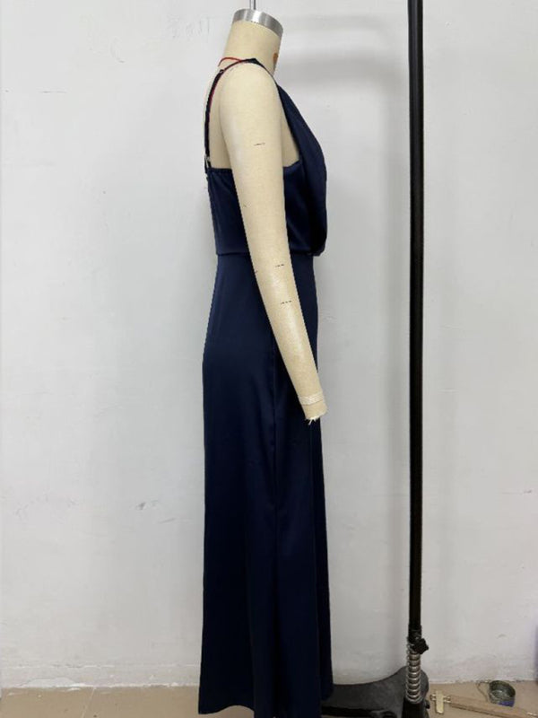 Women's solid color satin satin suspender sexy dress