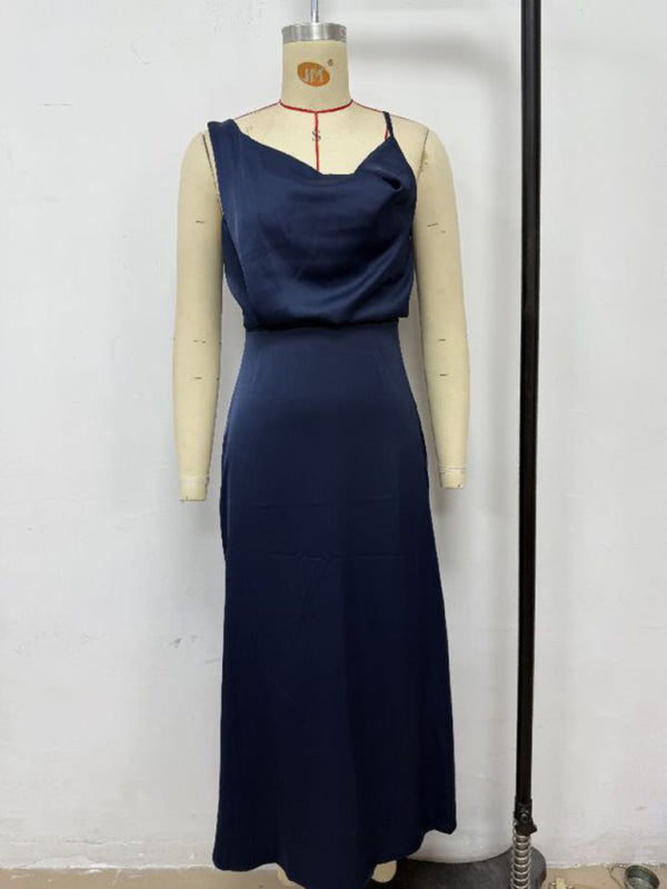 Women's solid color satin satin suspender sexy dress