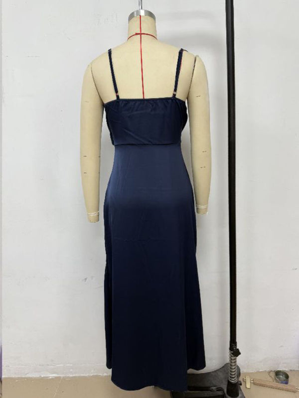 Women's solid color satin satin suspender sexy dress