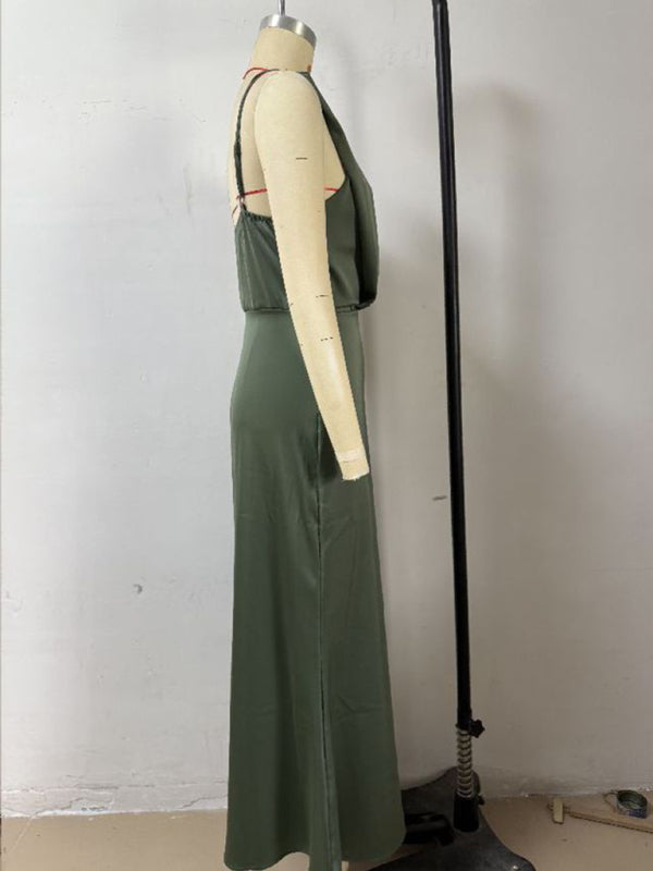 Women's solid color satin satin suspender sexy dress