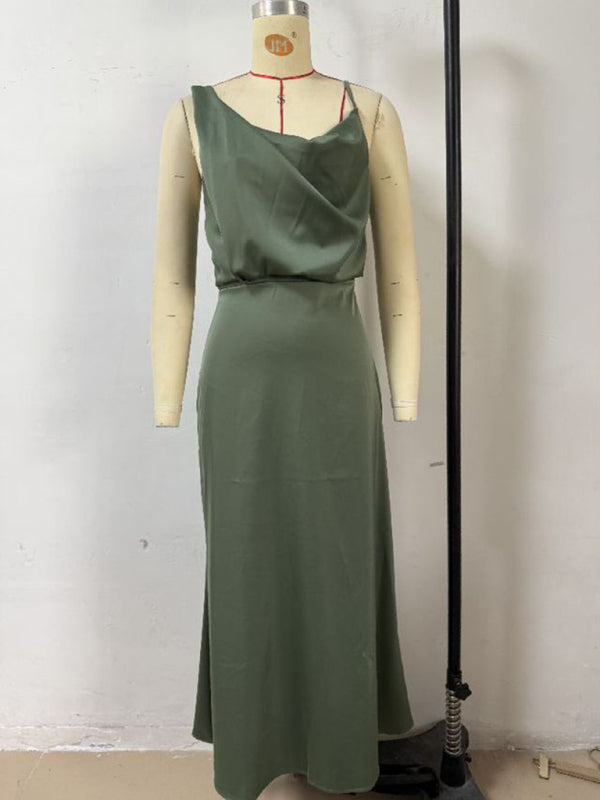 Women's solid color satin satin suspender sexy dress